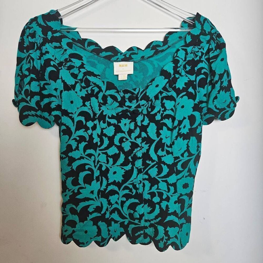 Anthropologie Maeve Assey Scalloped Green Button Front BlouseβSize 8